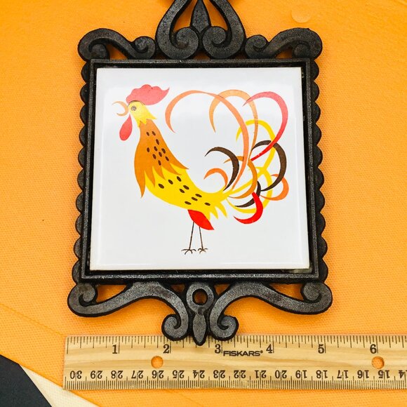 Midcentury Rooster Cast Iron Ceramic Tile Trivet Vintage Country Kitchen Decor - Picture 11 of 12